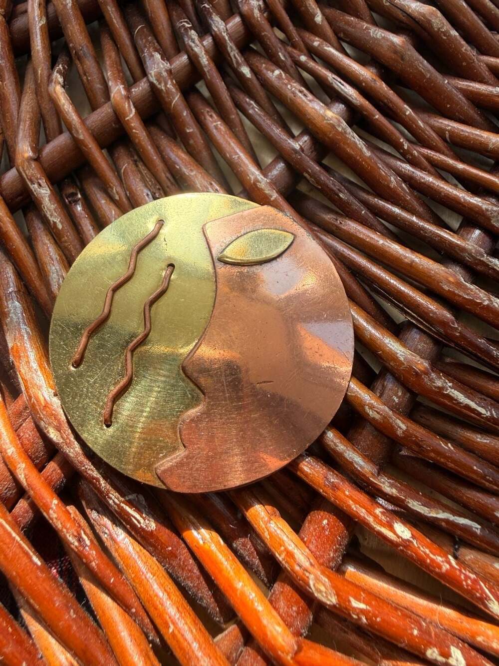 Vintage Mid-Century Modernist Mixed Metal Face Brooch Brass Copper Abstract